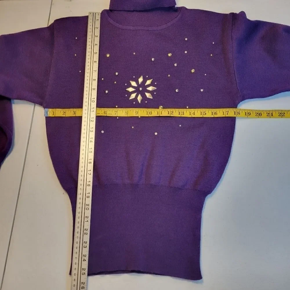Kaelin 80s Purple Embellished Turtleneck Sweater Cinched Waist Vintage Women's
